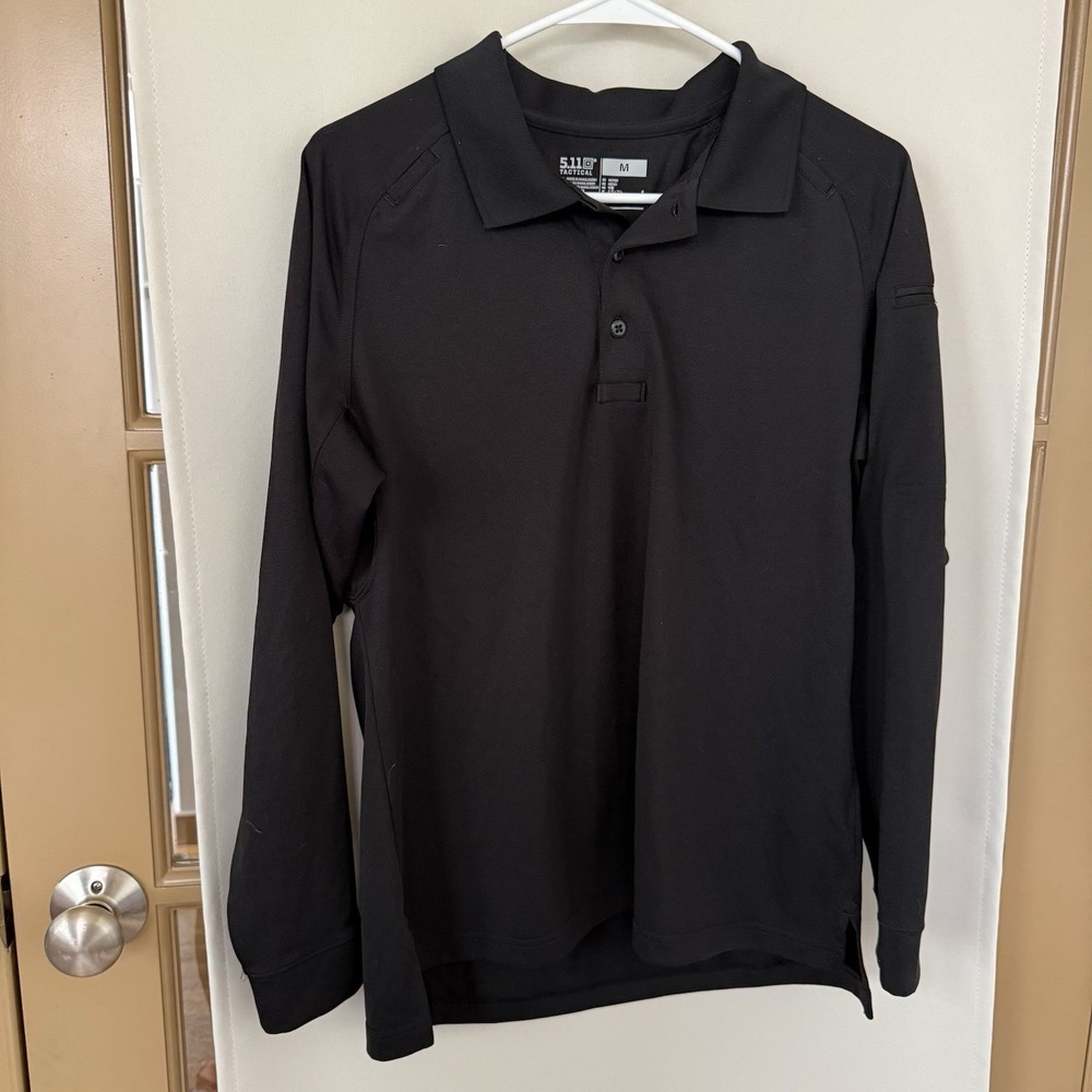 5.11 Tactical Men's Medium Black Long Sleeve Polo Shirt Collar Top - Picture 2 of 7